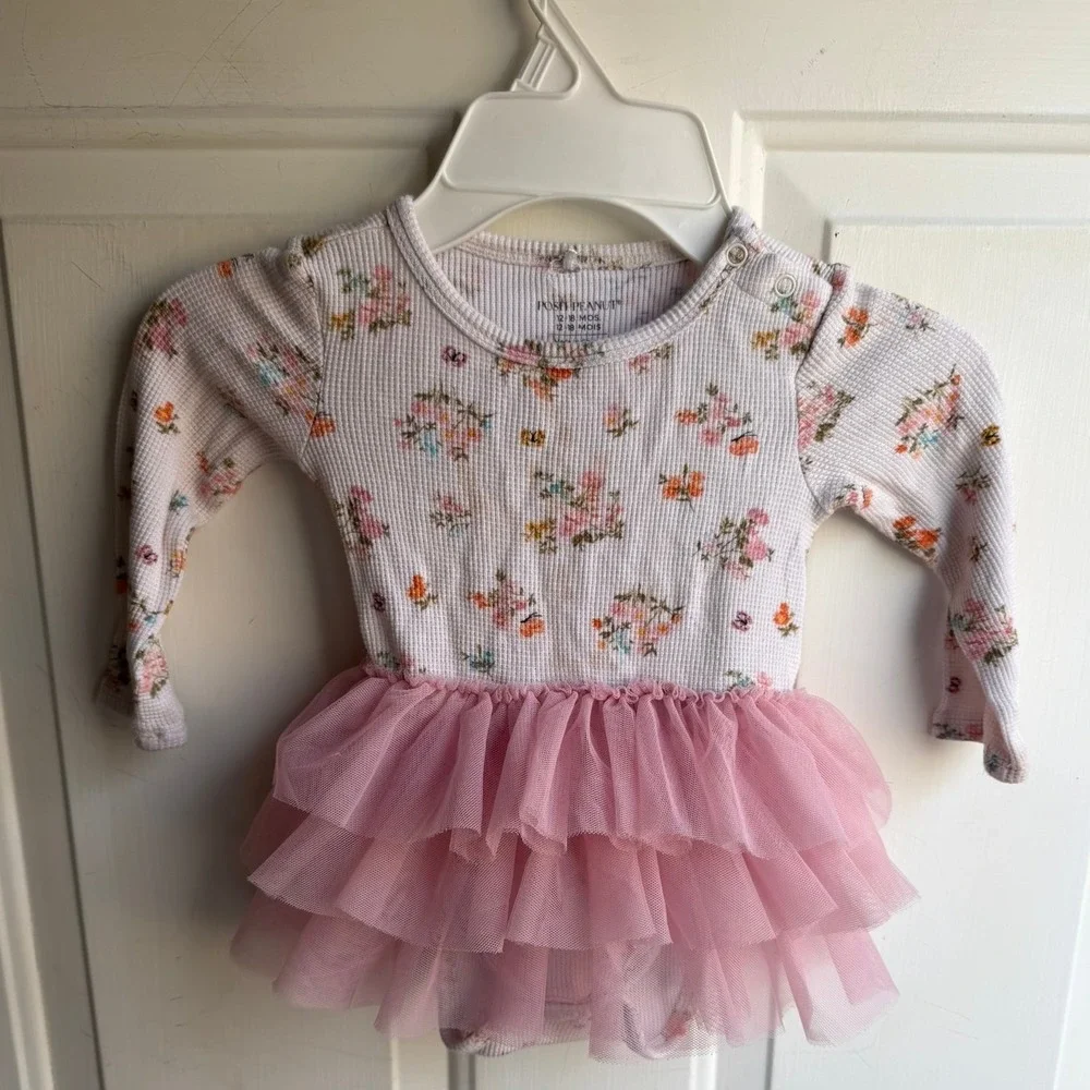 Posh Peanut Baby Girls Long Sleeve Tulle Tutu Floral Bodysuit in Clemence 12/18M